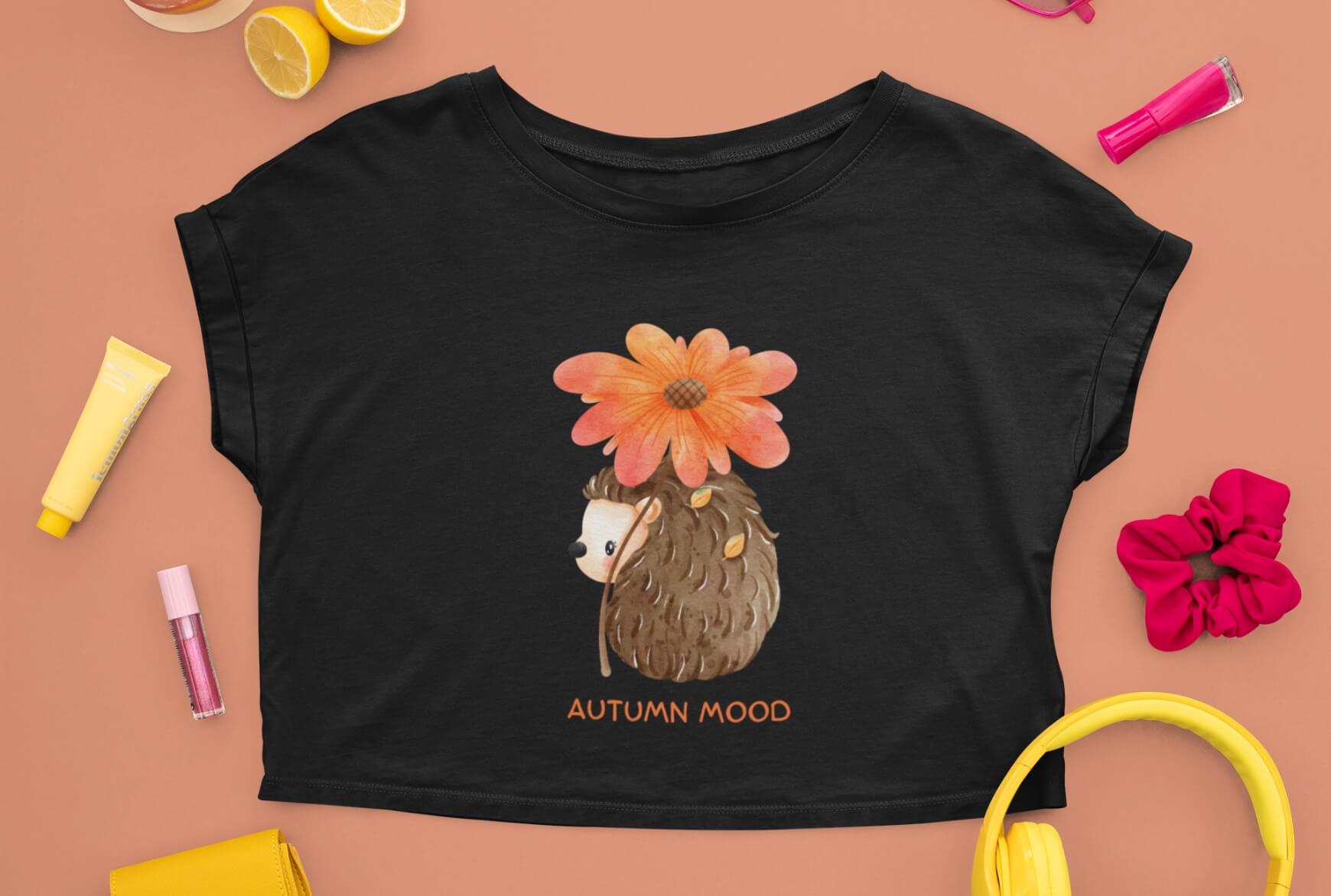 تيشيرت نسائي قصير اسود بطباعة امامية